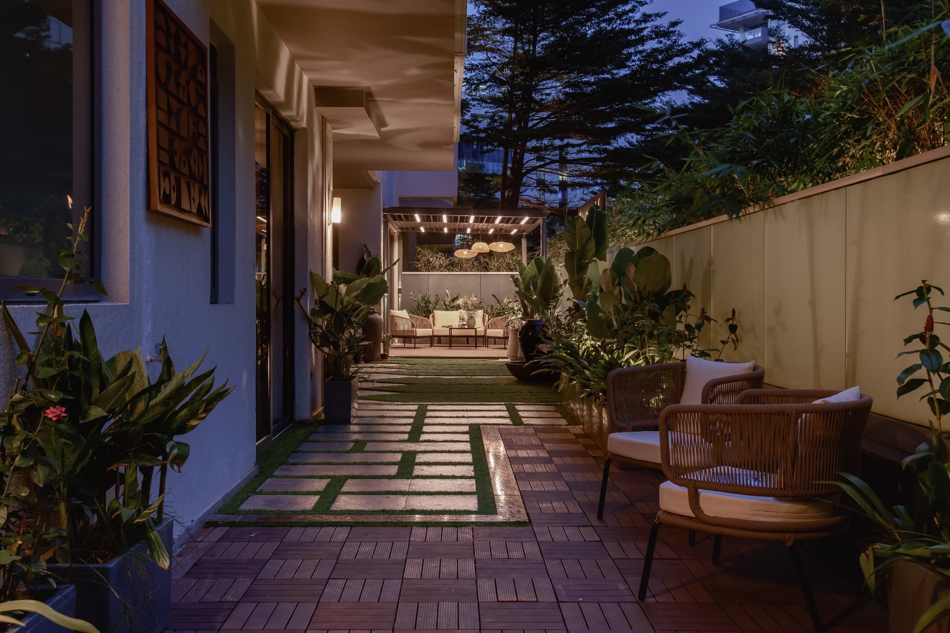 The stone-and-turf walk at dusk
